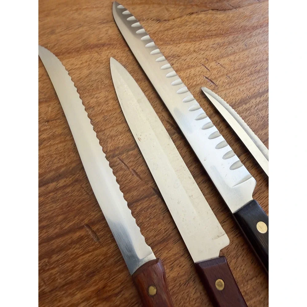 Vintage Ekco Flint Eterna Knife 4pc Stainless Wood Handle USA Slicer Serrated